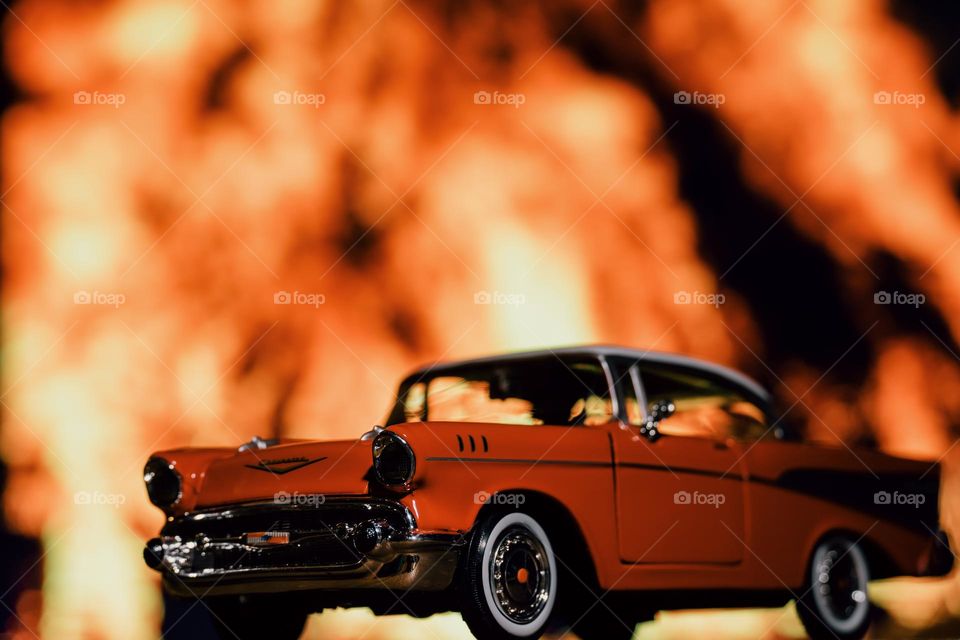 Chevrolet Bel Air in front of fire