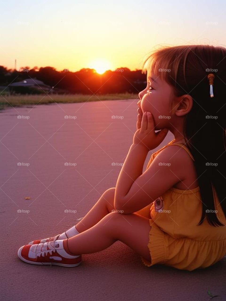 A little girl sits alone at sunset