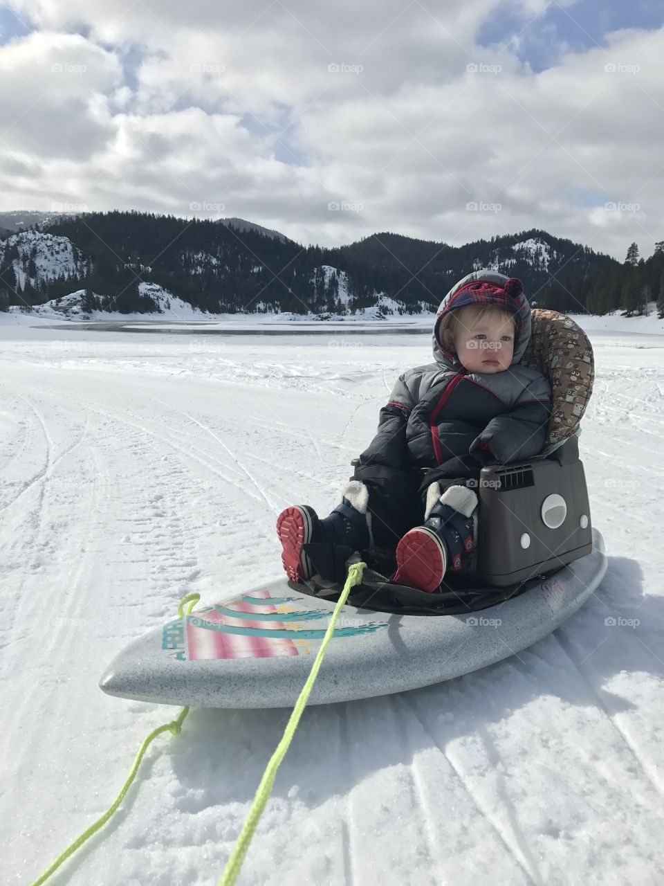 Child in sledge on snowy landscape