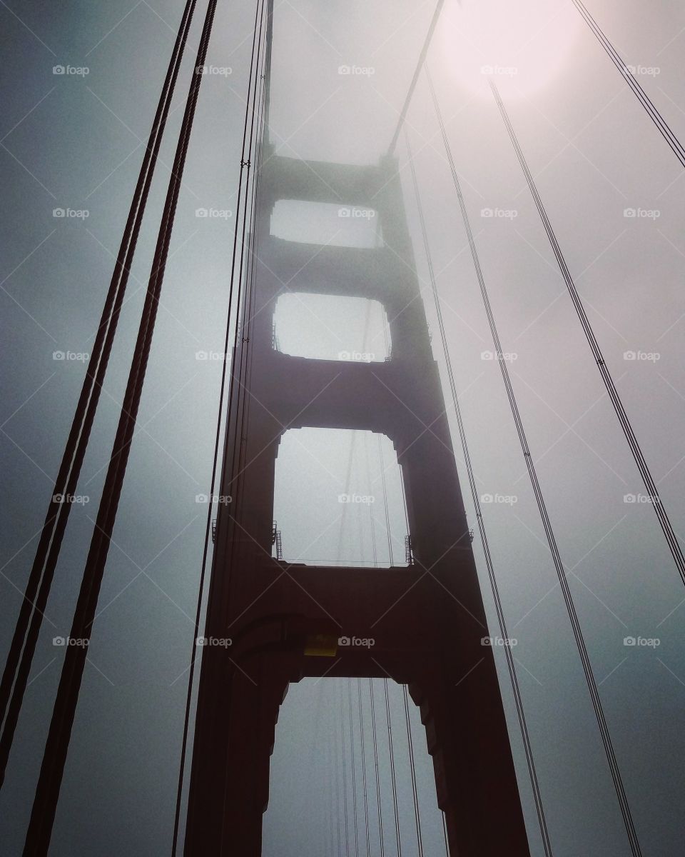 North tower of the Golden Gate in fog.