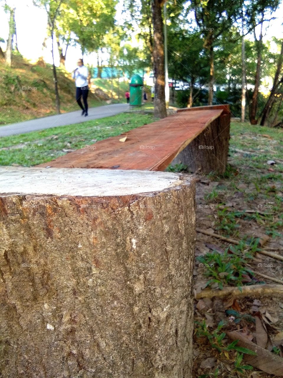 woden bench seat,made from tree. use for relaxing or streching your leg