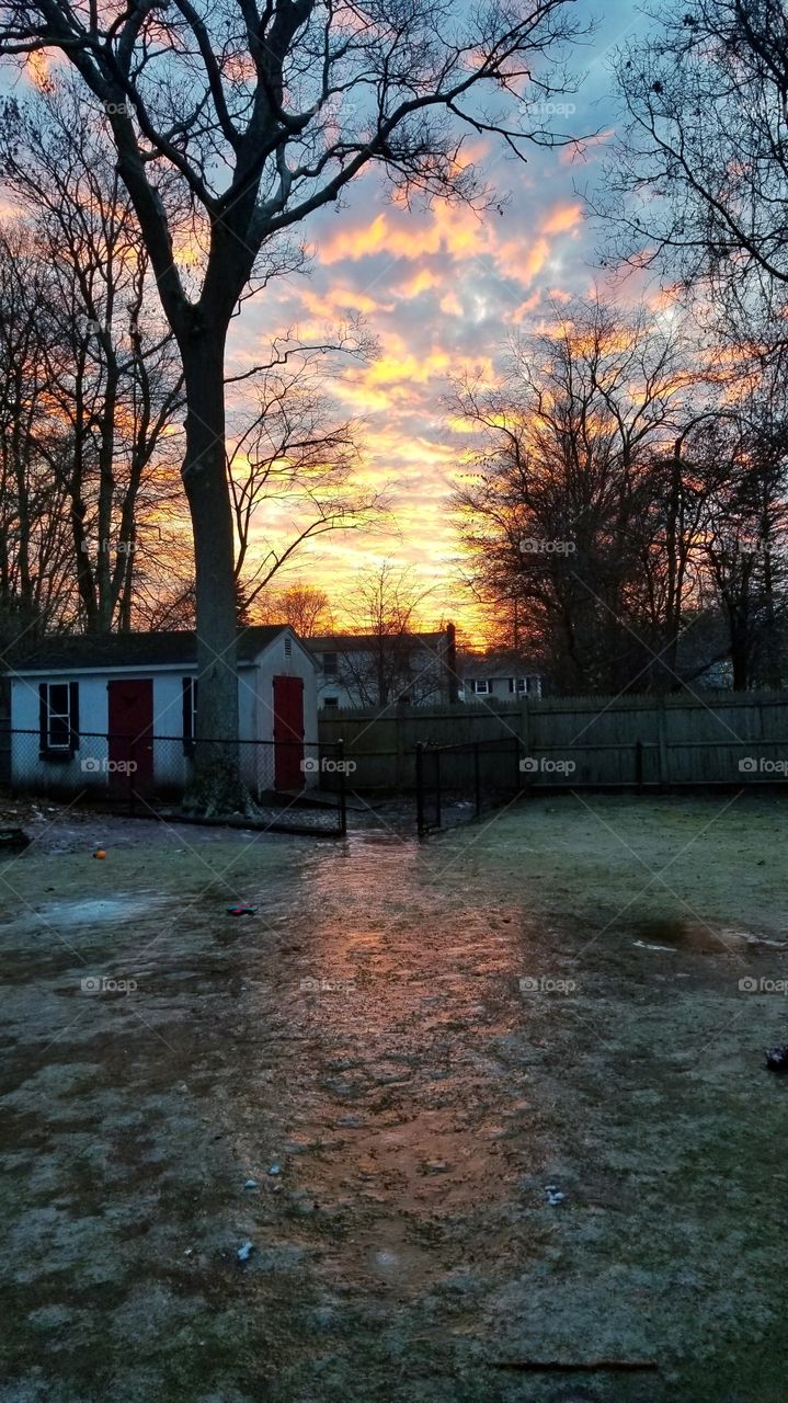 Winter sunset at a flooded backyard