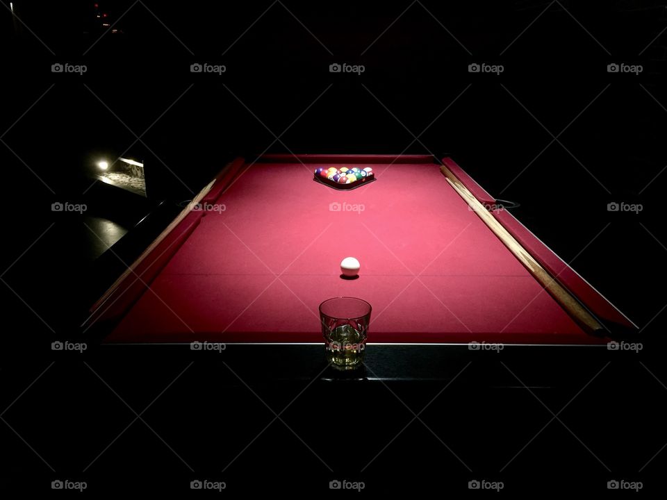 Glass of whiskey in a pool table, Belfast, Northern Ireland