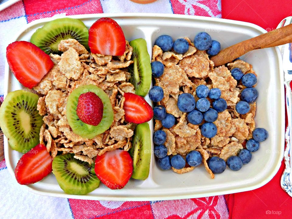 Flat lay - Healthy breakfast with fruit