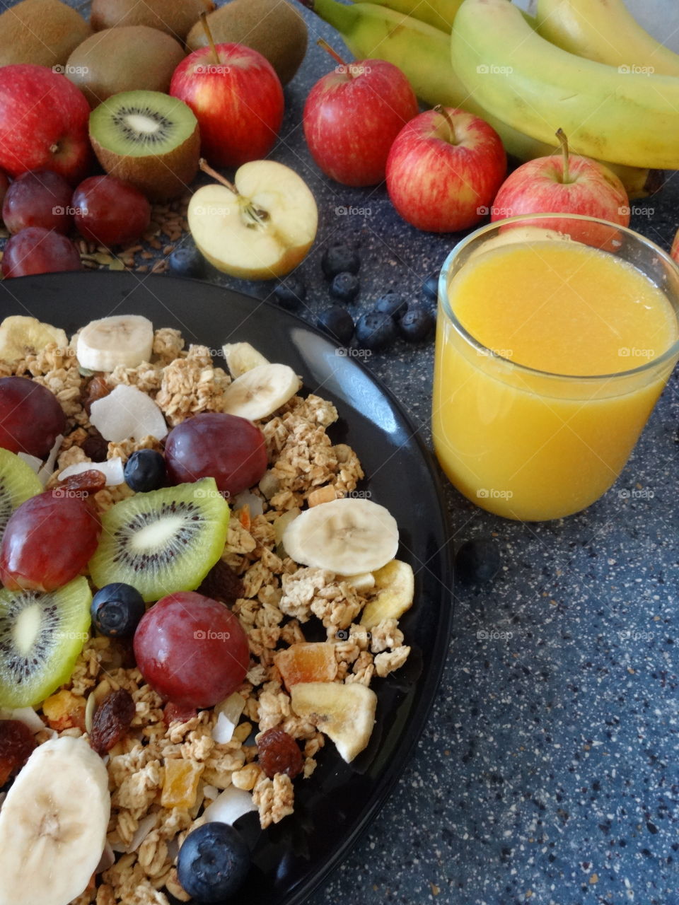 Fruits and juice at breakfast