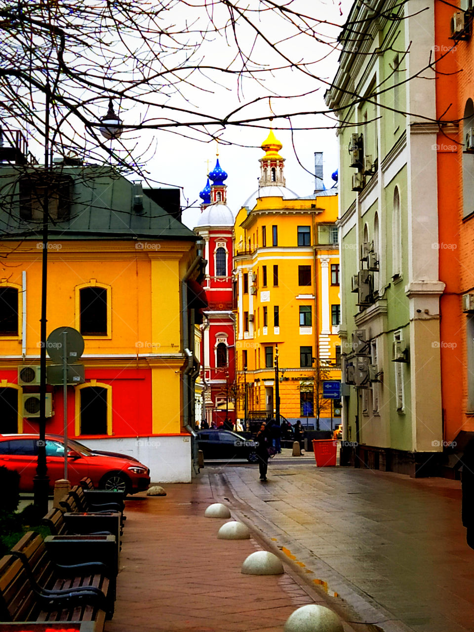 Contrast of colors.  Colorful houses on the streets of Moscow