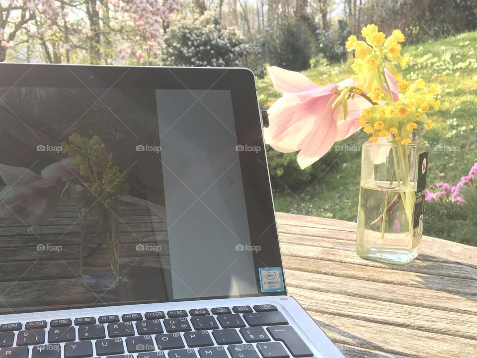 Flowers in a vase near job laptop