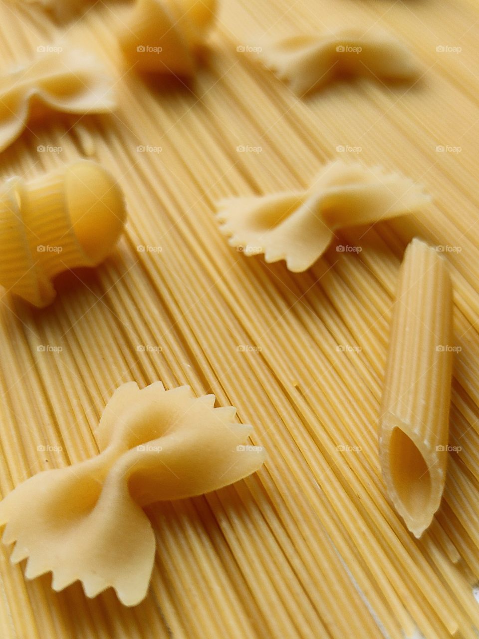 Composition of different types of pasta.  "CAPELLINI".  "PIPE RIGATE".  "PENNE RIGATE".  "FARFALLE"