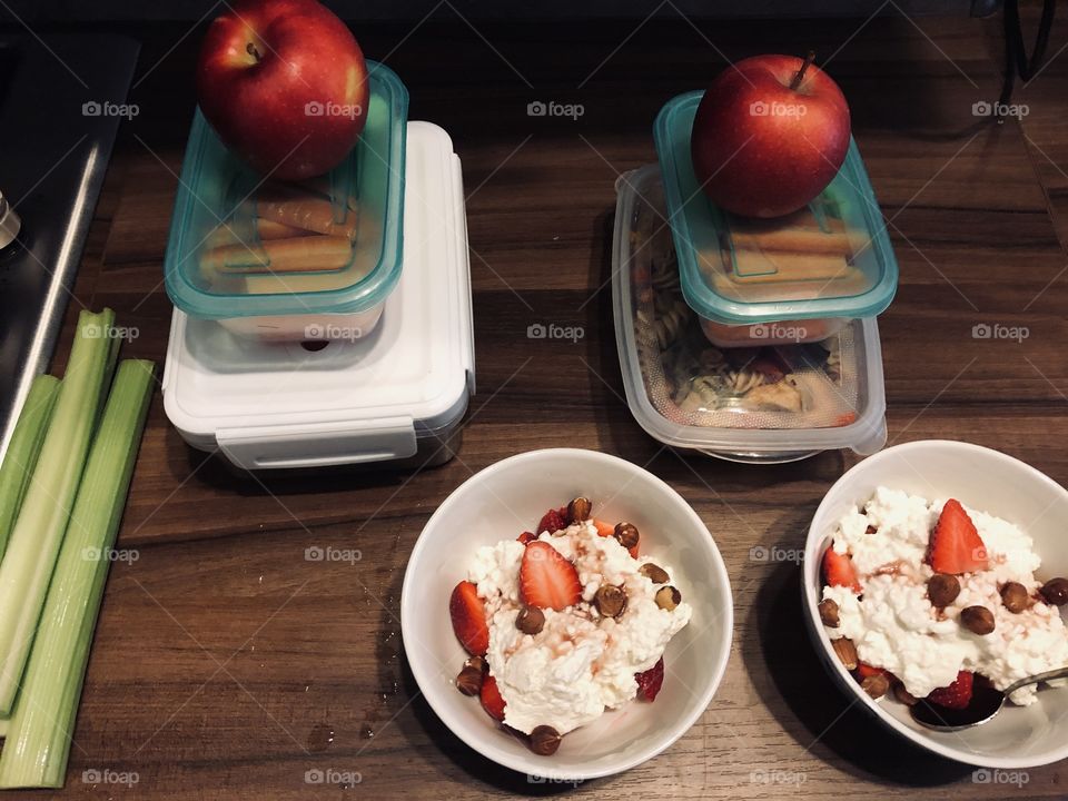 Healthy breakfast and snack packed in lunch box fruit and vegetables is awesome 