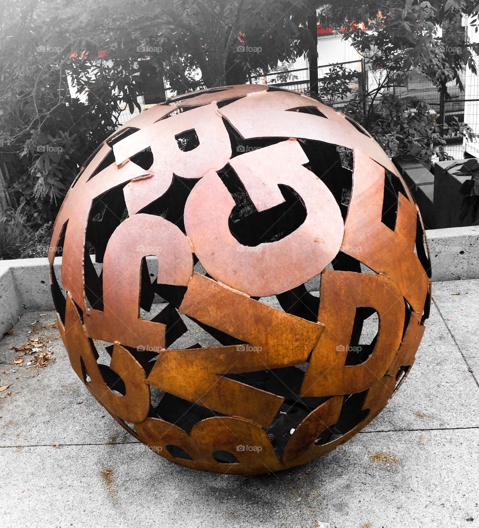 Piece of metal art representing literacy in New Westminster, British Columbia 