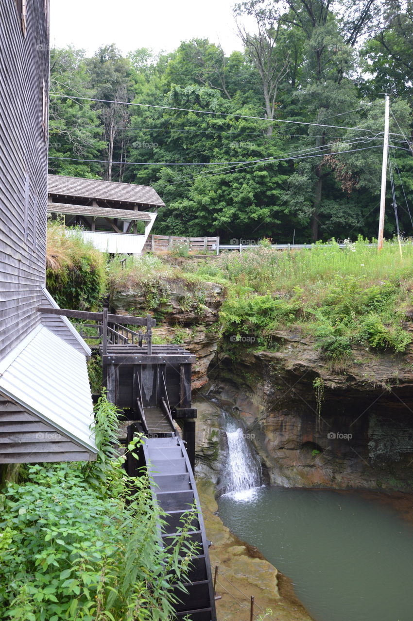 old Mill covered bridge and waterfall all in one