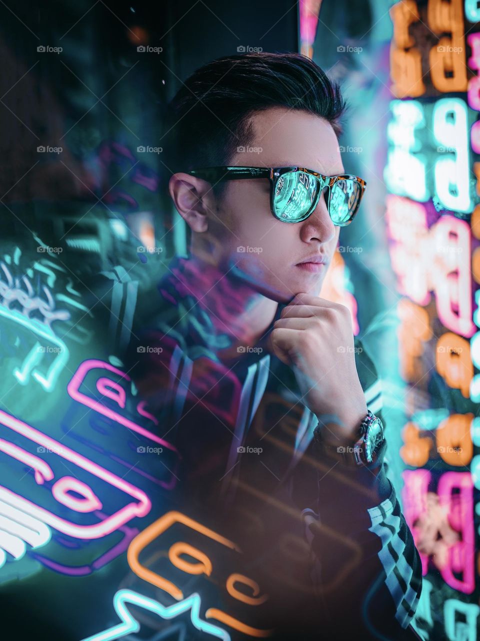 Artistic and stylish portrait shots with colourful reflections 