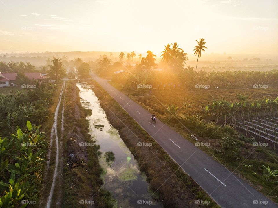 Aerial view of countryside village at sunrise