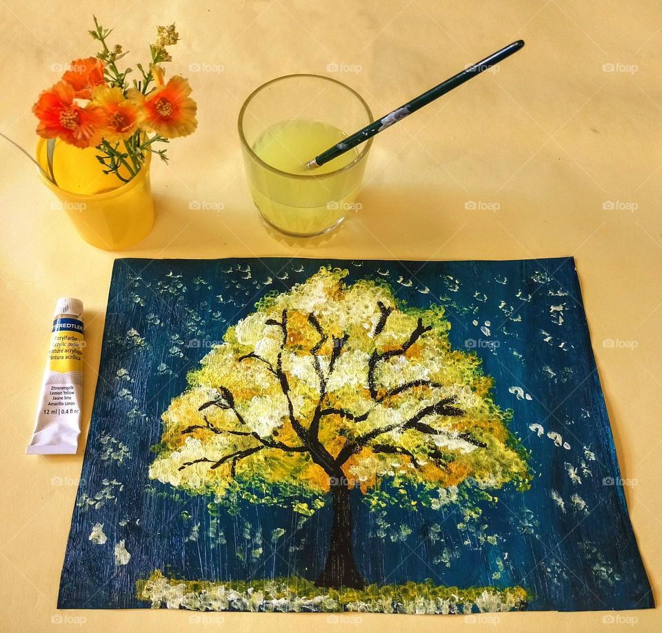 yellow tree painting with acrylic