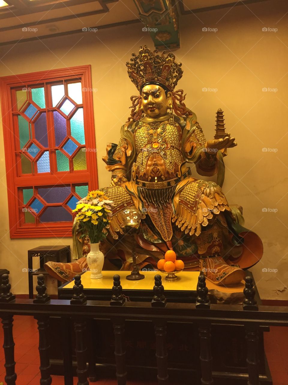 Buddha Shrine. Food is given to Buddha to thank him for giving food to The people. Ngong Ping Village, Po Lin Monastery, Lantau Island, Hong Kong. 