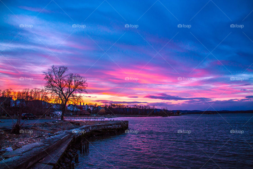 winter sunset trees river by delvec