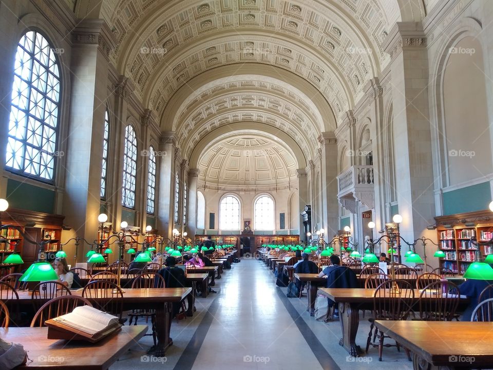 It is the Bates Reading Room from Boston Public Library. It occupies the entire front half of the second floor where light streams through the high arched windows.