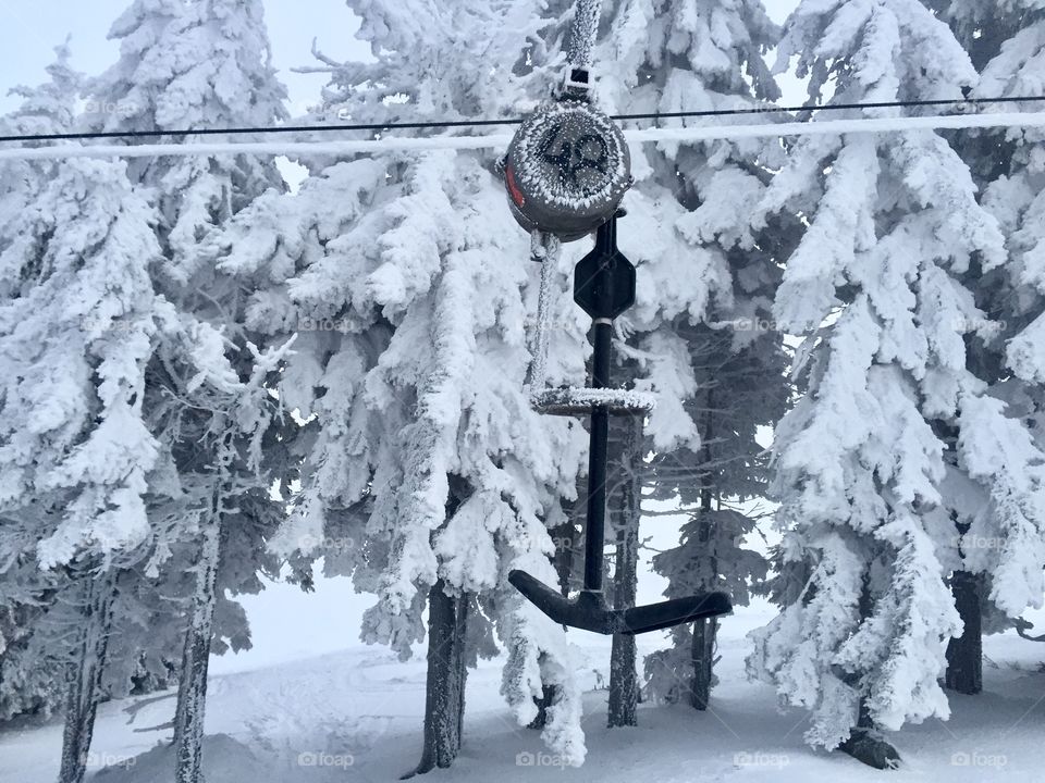 T bar lift surrounded by forest covered in snow 