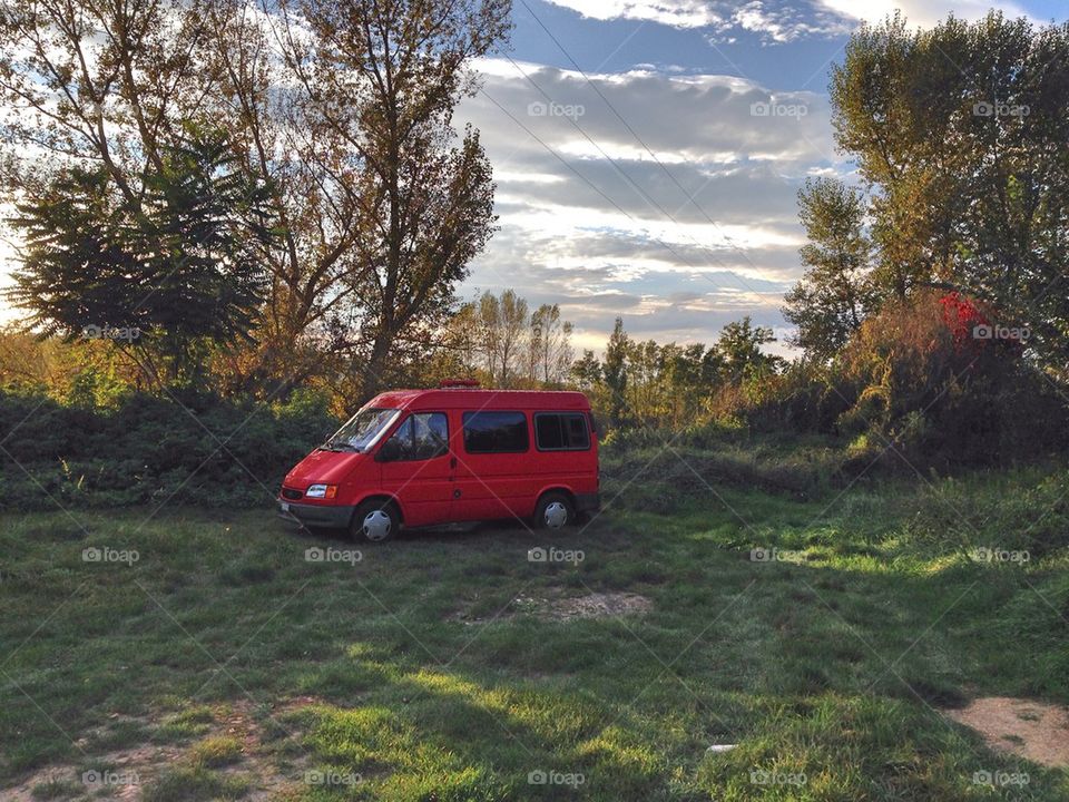 Red Ford Transit in "Les Pradeaux" in France
