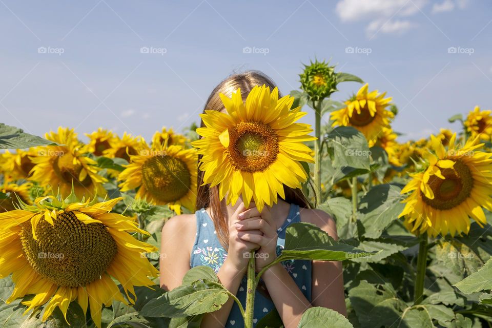 Girl hiding face behind sunflower