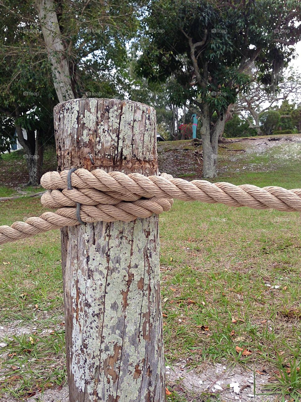 Wooden post with hemp rope.