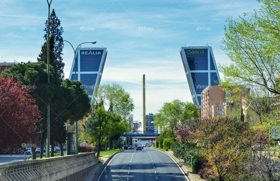 Paseo de la Castellana, Madrid. View of the KIO towers and Calatrava Obelisk from Paseo de la Castellana, Madrid
