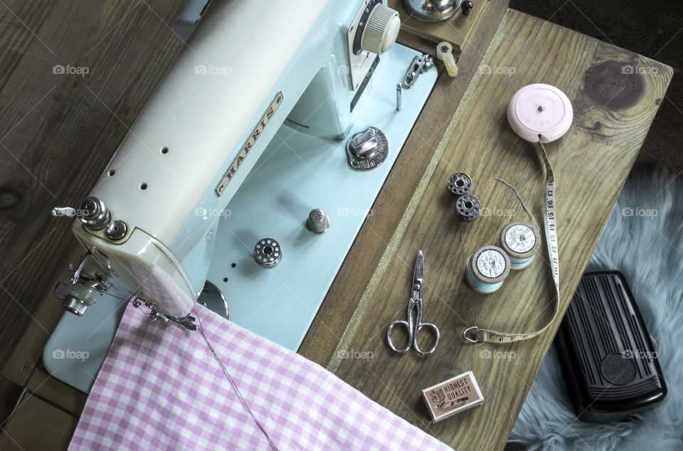 Vintage sewing machine viewed from above