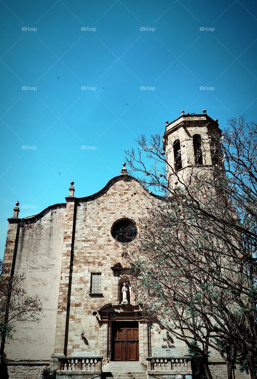 Closed Church behind the tree.