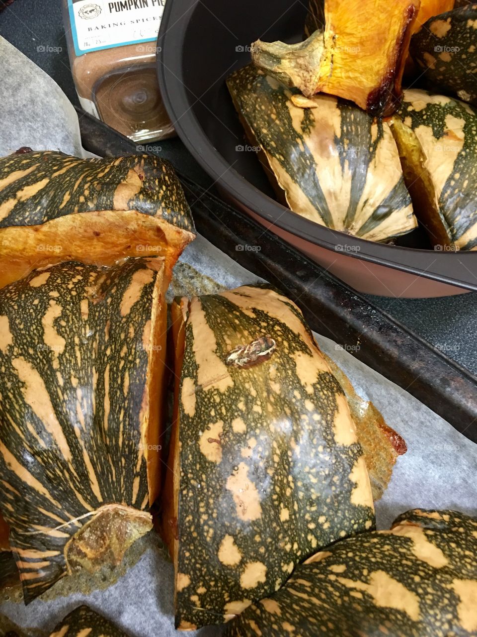 Pumpkin pie food preparation ingredients. Fresh roasted squash pumpkin and spice 
