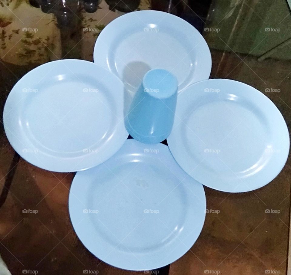 The warmthness of pastel color in a baby blue  plates and cup with flower DIY design.