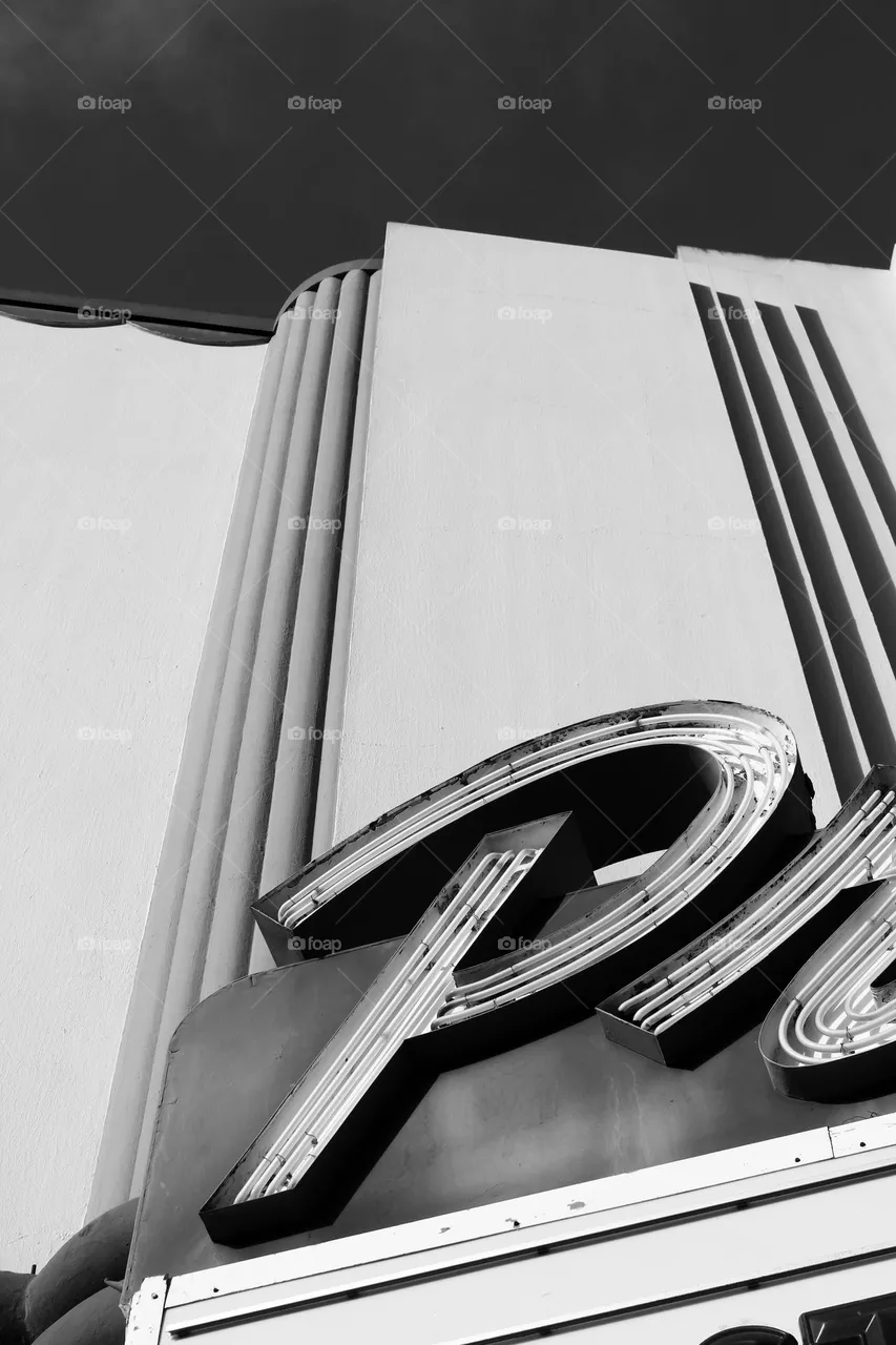 Art deco Presidio Theater in the marina district of San Francisco California with its strong sleek lines and sculptural facade in black and white 