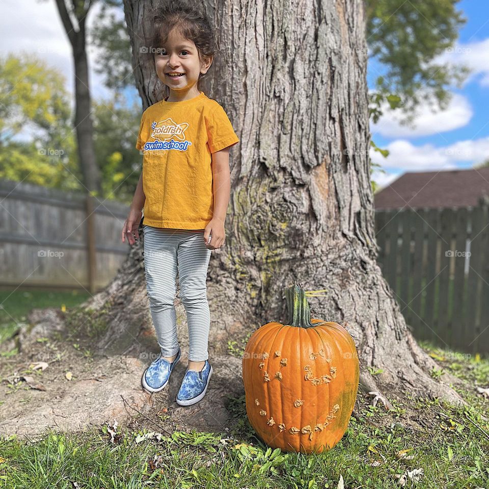 Toddler girl stands proudly by pumpkin, toddler helps to create a jack o lantern, making memories with pumpkins, fall festivities with children 