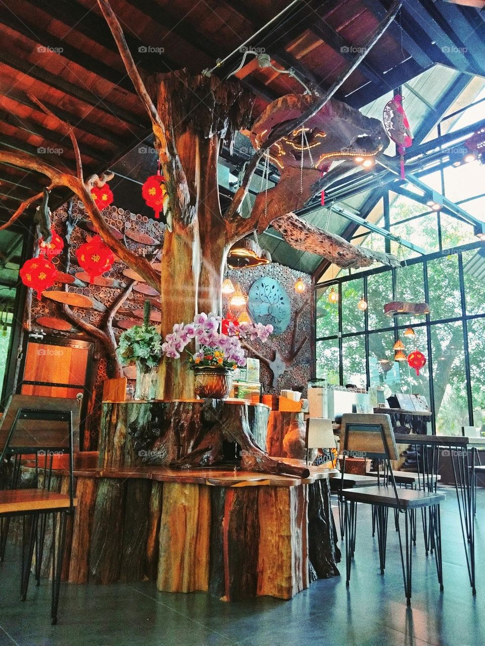 A cafe with an almost entirely wooden interior.