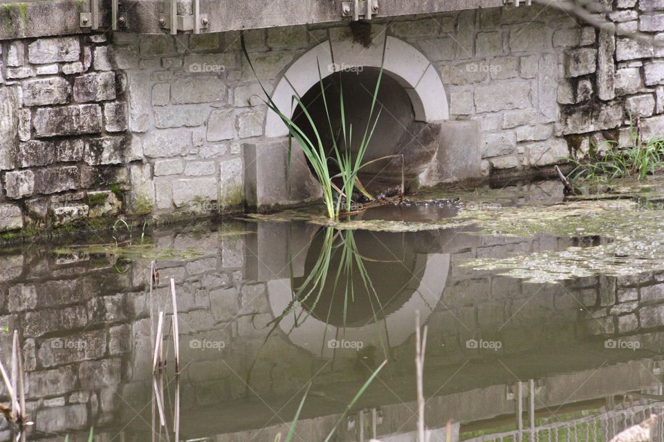 Water reflection round bridge gray
