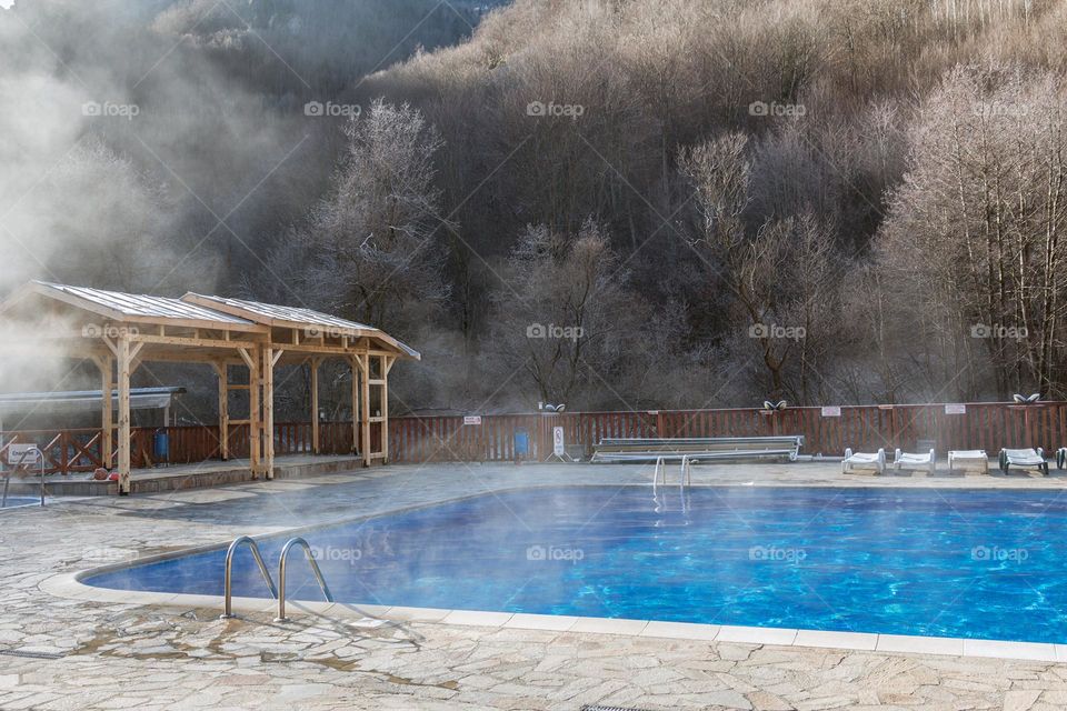 Outdoor pool with hot mineral water in Devin town in heart of Rhodope Mountains, Bulgaria