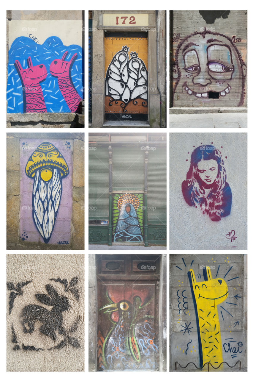 Collection of street art in Porto, Portugal