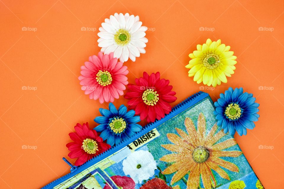 Flat lay of Gerbera daisies and a colorful floral-print zipper bag with blue trim on a bright orange background 