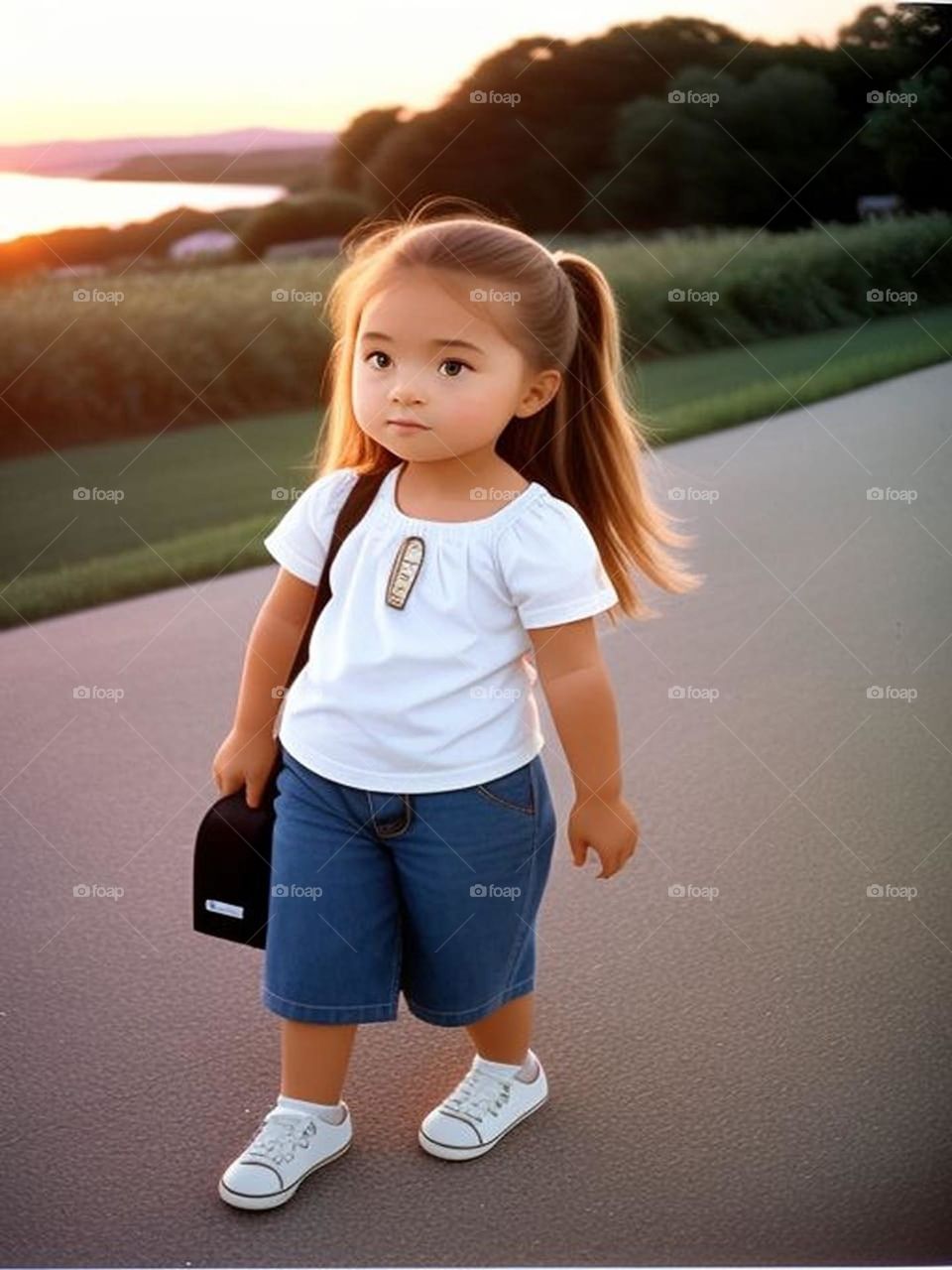 Beautiful little girl walking alone at sunset