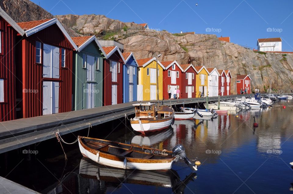 Colorful fishing huts in harbor, Smogen, Sweden