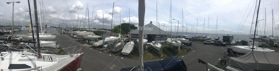 The view of a a Foredeck in dry dock waiting for a sailing regatta to start 