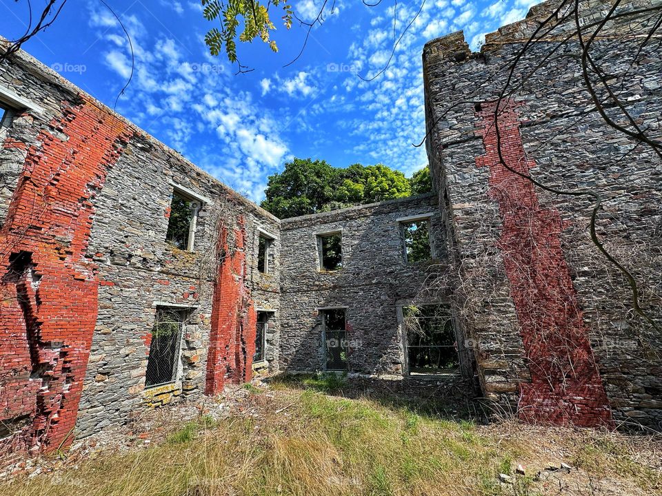 Ruined mansion with blue sky