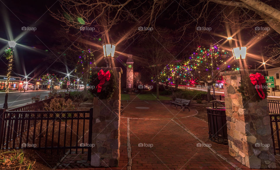 Town in Massachusetts during the holidays with the holiday colorful lights. 