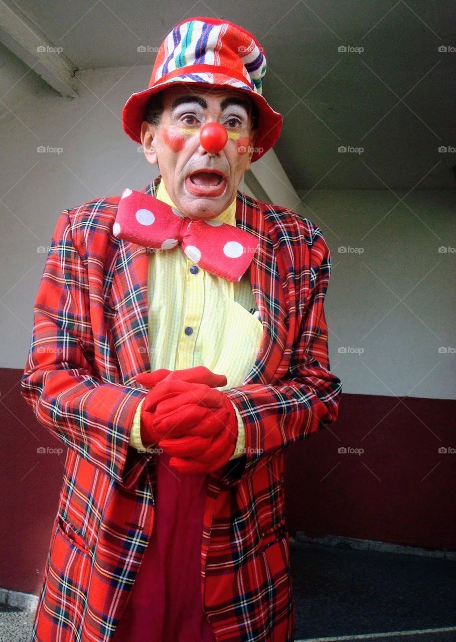 beautiful clown with funny expression, giving his speech to the audience. very colorful check suit