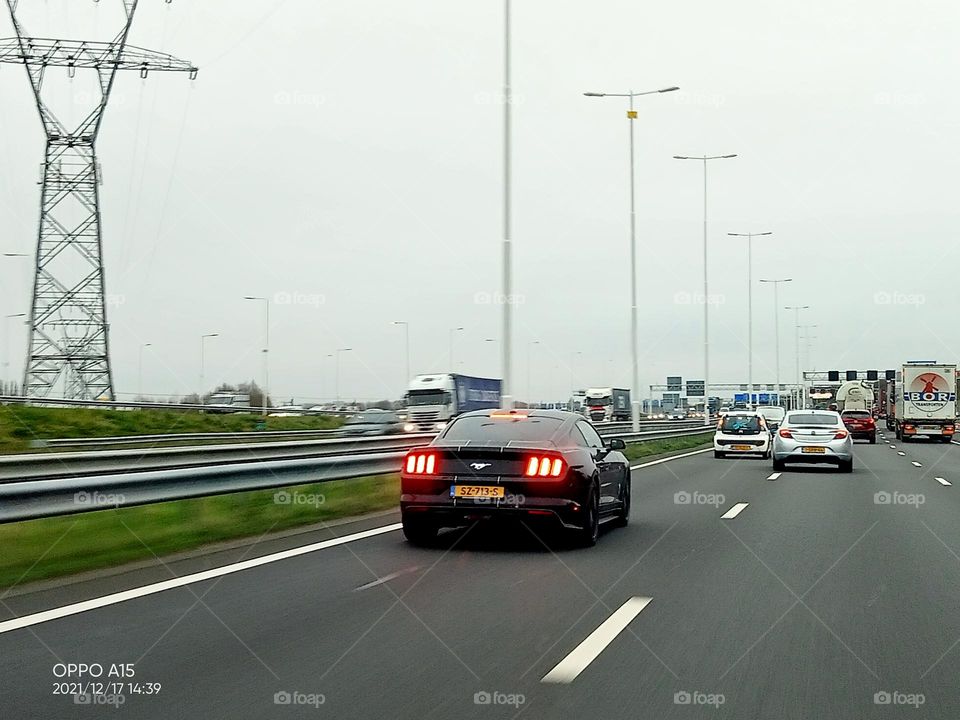 Mustang on the highway the Netherlands