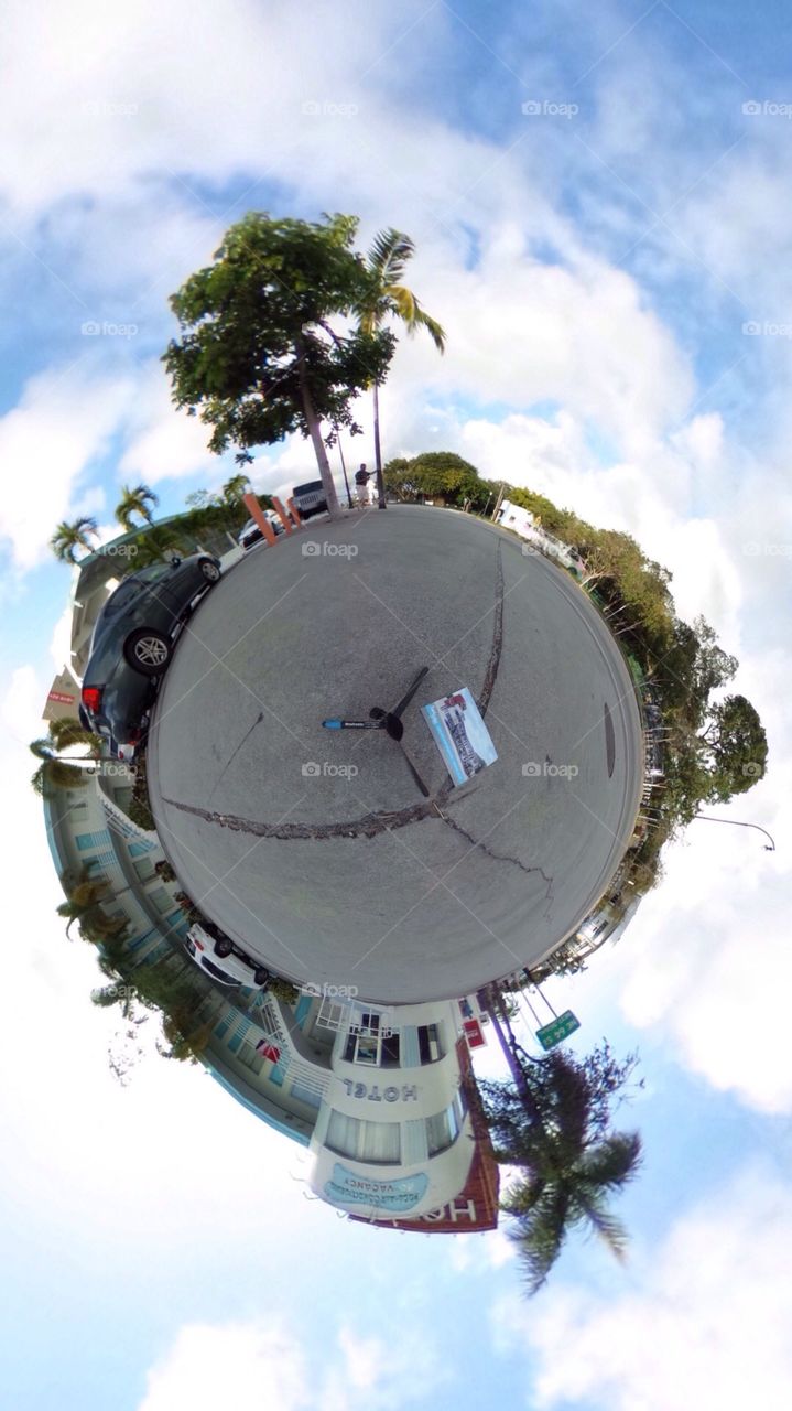 Tiny planet 360° spherical effect on Miami Art Deco New Yorker hotel