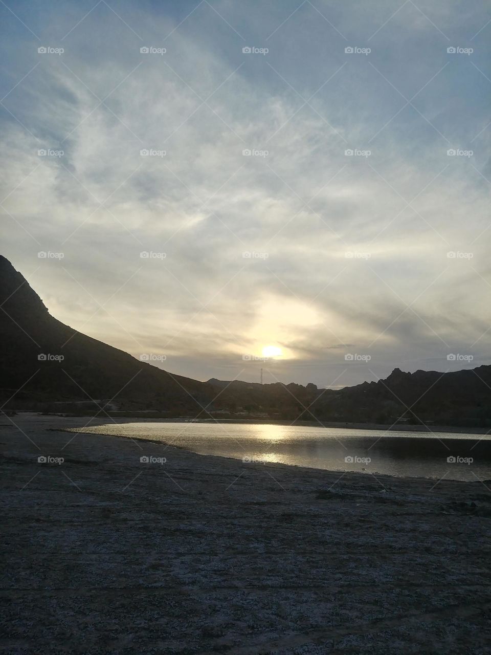 sunset with lake and mountain