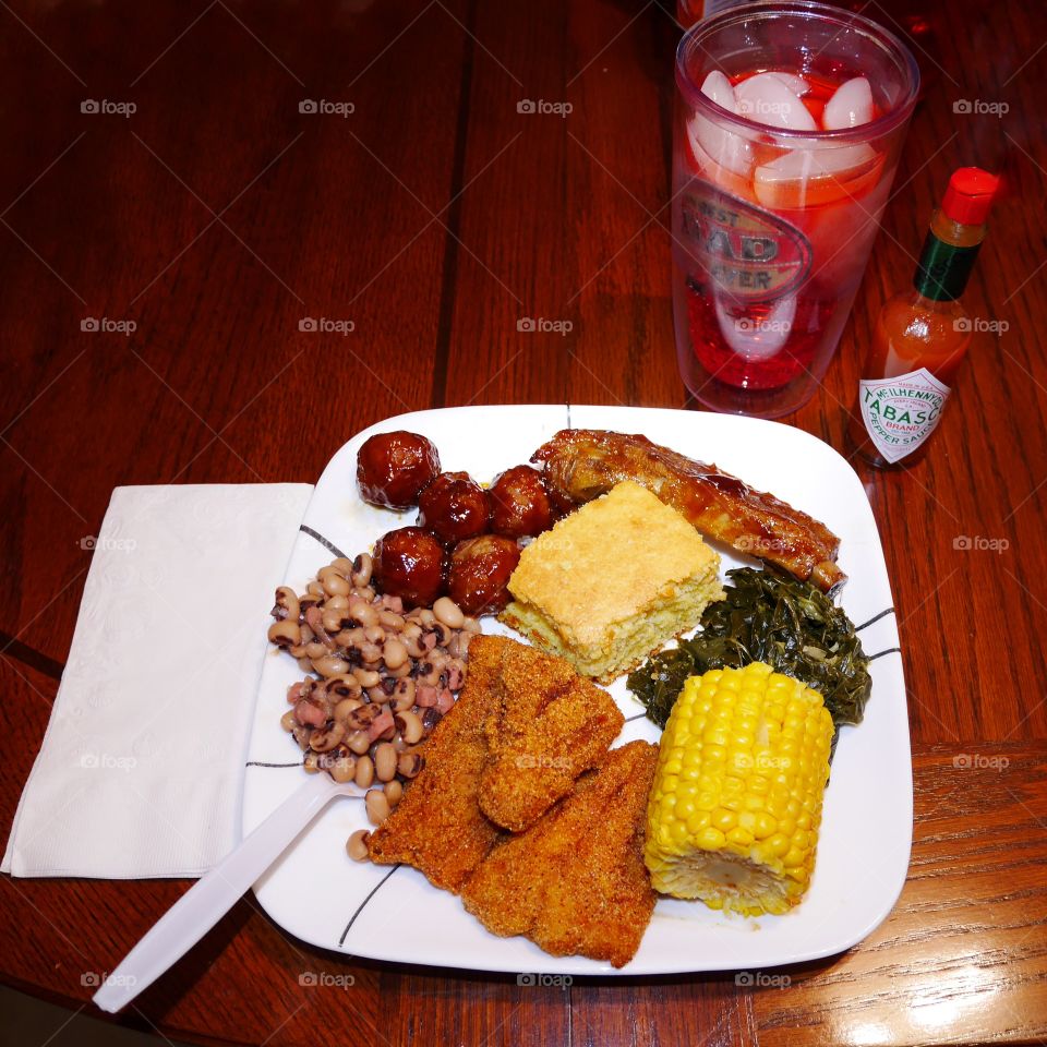 Ribs, Meatballs, Catfish, collards and Black eyed peas