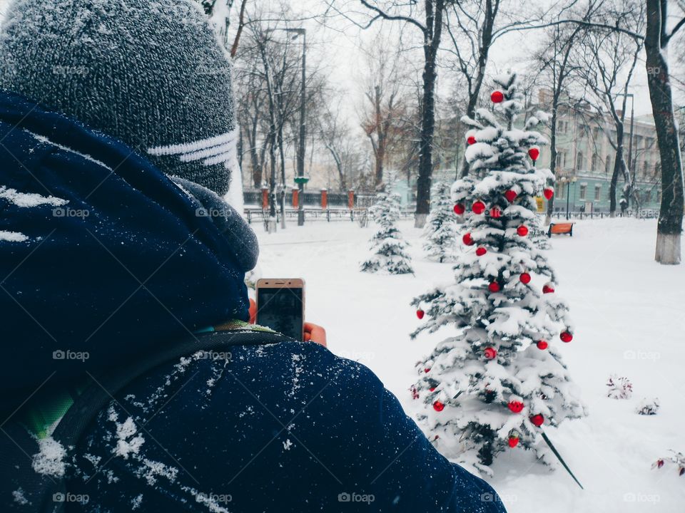 dressed Christmas tree toys in the park, Kiev