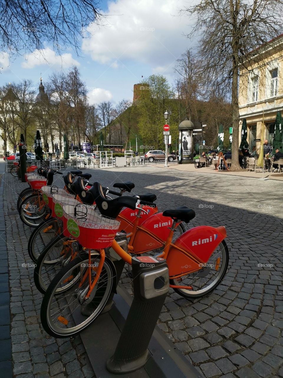 Vilnius city, Lithuania. Bicycles on the street. Rent and drive.