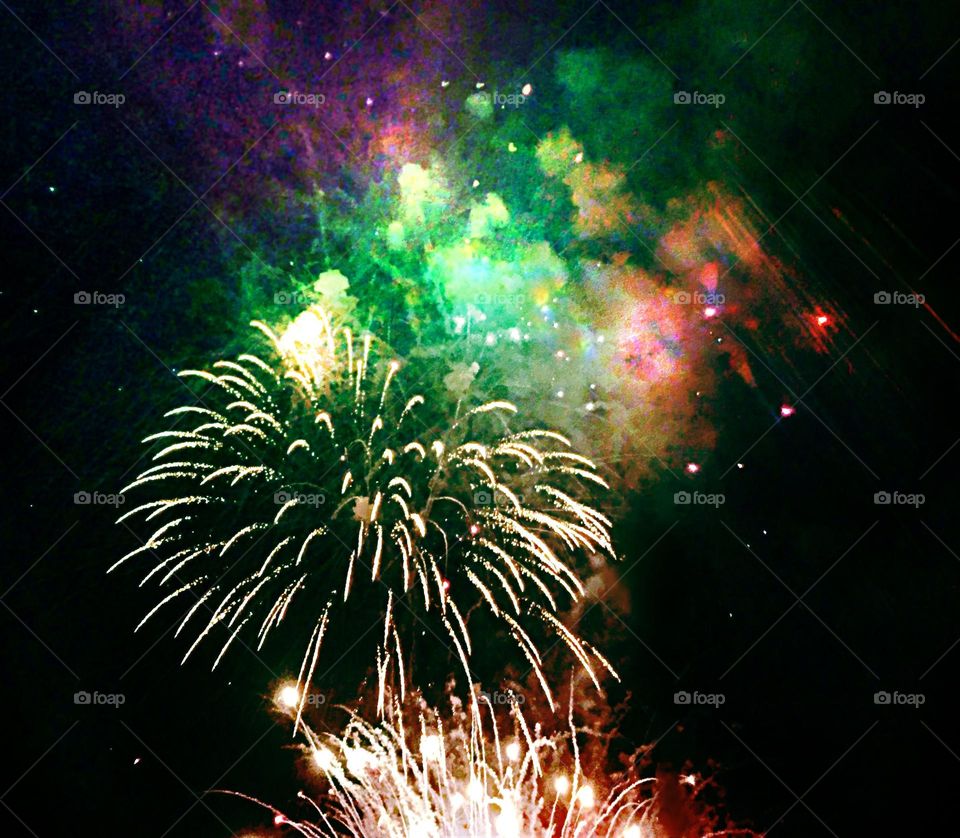 Rainbow colored fireworks.